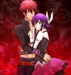  1boy aquarion_(series) aquarion_evol bad_id bad_pixiv_id female green_eyes hair_ribbon highres kagura_demuri long_hair looking_at_viewer midriff mii_(0726miya) mikono_suzushiro photoshop_(medium) purple_hair red_hair ribbon short_hair skirt white_ribbon yellow_eyes 