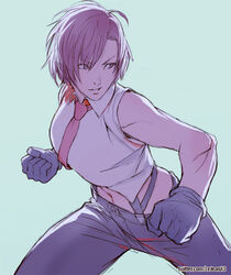  black_gloves breasts clenched_hands commentary crop_top cropped_shirt english_commentary female gloves large_breasts midriff navel necktie pants red_hair rejean_dubois short_hair signature simple_background sleeveless solo suspenders suspenders_under_shirt the_king_of_fighters twitter_username vanessa_(kof) 