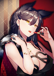  absurdres animal_ears applying_makeup atago_(azur_lane) azur_lane bangle black_dress black_hair blush bracelet breasts brown_eyes cleavage collarbone commentary_request cosmetics dress earrings extra_ears female glint gold hair_between_eyes halter_dress halterneck head_tilt highres holding holding_lipstick_tube iiiroha jewelry large_breasts lipstick_tube long_hair looking_at_viewer mole mole_under_eye nail_polish parted_lips pearl_earrings red_lips red_nails shawl sidelocks skindentation smile solo swept_bangs upper_body 