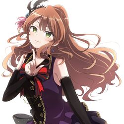  bang_dream! black_choker black_feathers black_sleeves blush bow bowtie brown_hair choker commentary_request detached_sleeves earrings feather_hair_ornament feathers female green_eyes hair_ornament half_updo highres imai_lisa index_finger_raised jewelry lace lace-trimmed_sleeves lace_choker lace_trim long_hair looking_at_viewer pochita_(pochitaiko) red_bow red_bowtie simple_background smile solo upper_body white_background 