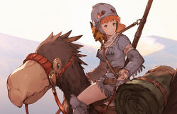  brown_hair female gun hat horseclaw kaze_no_tani_no_nausicaa looking_back nausicaa orange_eyes orange_hair riding solo taroji teto_(nausicaa) weapon 