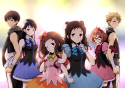  2boys 4girls black_hair bob_cut bow brown_hair commentary_request finger_to_mouth glasses gloves idol inami_sakura index_finger_raised kanbara_akihito kuriyama_mirai kyoukai_no_kanata long_hair multiple_boys multiple_girls nase_hiroomi nase_mitsuki photoshop_(medium) pink_hair red-framed_eyewear ribbon rito453 shindou_ai short_hair skirt smile 