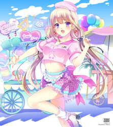  :d amusement_park bad_id bad_pixiv_id balloon beret blonde_hair candy cherry_earrings clothes_writing cotton_candy earrings english_text female food food-themed_earrings frilled_skirt frills hat index_finger_raised jewelry lollipop long_hair looking_at_viewer low_twintails midriff miniskirt open_mouth original outstretched_arm photoshop_(medium) purple_eyes roller_skates satou_satoru skates skirt smile solo standing standing_on_one_leg twintails very_long_hair waitress 