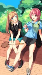  2girls abukuma_(kancolle) badminton_racket blonde_hair blue_eyes blush brown_eyes commentary_request highres kantai_collection kinu_(kancolle) long_hair multiple_girls one_eye_closed outdoors pink_hair racket ramune sahuyaiya short_hair sitting sportswear twintails wristband 