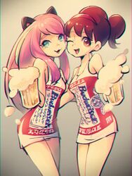  2girls ;d alcohol alternate_hairstyle animal_ears arm_around_waist bad_id bad_twitter_id beer beer_mug brown_hair budweiser cat_ears chromatic_aberration cup dress hairband hashimoto_nyaa holding holding_cup migita mug multicolored_hair multiple_girls one_eye_closed open_mouth osomatsu-kun osomatsu-san osomatsu_(series) pink_hair ponytail print_dress smile streaked_hair symmetry yowai_totoko 