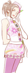  1boy ;d alternate_costume arm_behind_back brown_hair commentary_request crossdressing earrings elbow_gloves gloves idolmaster idolmaster_side-m index_finger_raised jewelry looking_at_viewer male_focus one_eye_closed open_mouth otoko_no_ko ponytail princess_melody_(idolmaster) simple_background skirt smile solo tori_(driftwood) watanabe_minori white_background white_gloves 