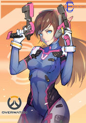  bingyuheizhiyan blue_eyes bodysuit breasts brown_hair commentary_request copyright_name covered_navel covered_nipples cowboy_shot d.va_(overwatch) dual_wielding female finger_on_trigger gloves gun handgun hands_up headphones holding holding_gun holding_weapon lips lipstick long_hair looking_at_viewer makeup medium_breasts overwatch overwatch_1 pink_lips skin_tight solo swept_bangs weapon white_gloves 