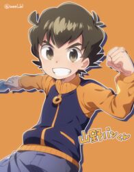  1boy brown_eyes brown_hair character_name clenched_hand commentary_request cowboy_shot danball_senki grin highres jacket male_focus orange_background outline simple_background smile solo twitter_username wool_bl yamano_ban 