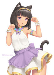  animal_ear_fluff animal_ears apron armlet bare_shoulders black_hair blunt_bangs cat_ears cat_tail dark-skinned_female dark_skin egyptian egyptian_cat_(sasaame) egyptian_clothes female hands_up looking_at_viewer medium_hair open_mouth original paw_pose purple_apron purple_eyes sasaame simple_background skirt solo tail twitter_username usekh_collar waist_apron white_background wrist_cuffs 