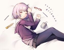  ;) bad_id bad_pixiv_id bed_sheet black_pantyhose black_skirt boxcutter closed_mouth commentary_request copyright_name female from_above glasses gridman_universe long_sleeves looking_at_viewer lying on_side one_eye_closed pantyhose pink_hair red_eyes shinjou_akane shirt short_hair skirt smile solo ssss.gridman unworn_eyewear white_shirt xoaiu 