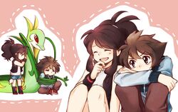  2boys 2girls bad_id bad_pixiv_id black_wristband blue_shorts bound brown_hair brown_pants closed_eyes dual_persona hilbert_(pokemon) hilda_(pokemon) laughing long_hair long_sleeves luo-qin multiple_boys multiple_girls pants pink_background pokemon pokemon_(creature) pokemon_adventures ponytail red_eyes serperior shirt short_shorts shorts sidelocks simple_background sitting sleeveless sleeveless_shirt sweater tears tied_hair tied_up_(nonsexual) vest 