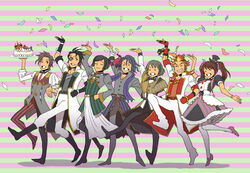  &gt;_&lt; 6+boys ;) akai_suzaku alternate_costume asselin_bb_ii bandaged_arm bandages black_hair brown_hair cafe_parade_(idolmaster) cake closed_eyes commentary_request confetti eyepatch food green_hair hat idolmaster idolmaster_side-m kamiya_yukihiro kurono_genbu male_focus mizushima_saki multiple_boys nyako_(idolmaster) one_eye_closed otoko_no_ko red_hair satan_(idolmaster) shinoda_(talkymagmag) shinonome_soichiro shinsoku_ikkon_(idolmaster) smile striped striped_background top_hat twintails uzuki_makio wavy_hair 