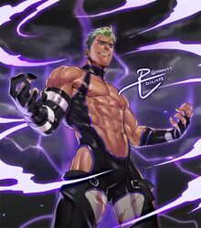  1boy abs asymmetrical_gloves bare_pectorals black_gloves bodysuit bulge commentary_request cowboy_shot dark-skinned_male dark_skin dated ear_piercing ez_do_dance gloves green_hair king_of_prism king_of_prism_by_prettyrhythm korean_commentary looking_down male_focus maut nipples pectorals piercing pretty_rhythm pretty_series purple_eyes revealing_clothes signature solo twitter_username undercut uneven_gloves yamato_alexander 