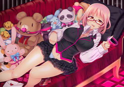  bad_id bad_pixiv_id ball_gag blindfold blush bondage breasts collar condom condom_wrapper female gag heart large_breasts letter looking_at_viewer love_letter lying matatabi_maru necktie orange_eyes original panties pillow pink_hair pink_rope polka_dot rope skirt solo striped_clothes striped_panties stuffed_animal stuffed_toy underwear wiffle_gag 