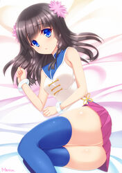  amamiya_marron artist_name bare_shoulders bed_sheet black_hair blue_eyes blue_thighhighs blush bracelet braid commentary eyebrows female flower from_above hair_flower hair_ornament jewelry long_hair looking_at_viewer lying on_side pink_skirt pop&#039;n_music rinka_(pop&#039;n_music) skirt sleeveless solo symbol-only_commentary thighhighs twin_braids 