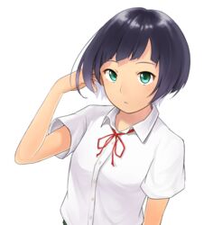  araki_rena blush bob_cut commentary_request female green_eyes highres looking_at_viewer purple_hair school_uniform short_hair solo tokyo_7th_sisters utg 