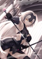  ahoge arch armor armpits black_dress breasts bu_li center_opening chains commentary dress dust dutch_angle fate/grand_order fate_(series) faulds female fur_trim gauntlets glint grin headpiece highres holding holding_sword holding_weapon indoors jeanne_d&#039;arc_alter_(avenger)_(fate) jeanne_d&#039;arc_alter_(avenger)_(third_ascension)_(fate) jeanne_d&#039;arc_alter_(fate) large_breasts long_hair navel smile sword thighhighs tsurime weapon white_hair yellow_eyes 