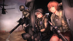  1other 2girls aircraft ambiguous_gender assault_rifle bad_id bad_pixiv_id beanie black_gloves black_hair black_hat black_pantyhose blurry blurry_background body_armor brown_hair brown_jacket bulletproof_vest collared_shirt commentary cross cross_potent day depth_of_field desert emblem english_commentary english_text eotech feet_out_of_frame frown gatling_gun gloves grey_hair grey_jacket grey_shirt gun hat helicopter helmet holding holding_gun holding_weapon jacket knee_pads long_sleeves looking_ahead m134_minigun m4_carbine machine_gun maltese_cross military military_jacket military_operator military_vehicle miniskirt motion_blur multiple_girls neck_ribbon on_vehicle optical_sight original outdoors pantyhose pleated_skirt red_eyes ribbon rifle river scope shirt sitting skirt smoke standing tactical_clothes templar therj trigger_discipline uh-60_blackhawk weapon yellow_eyes 