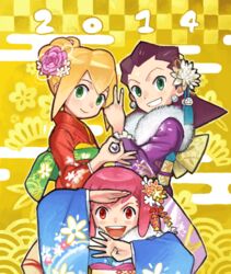  2014 3girls :d aero_(mega_man) bad_drawr_id bad_id blonde_hair blue_kimono closed_mouth earrings floral_print flower fur-trimmed_kimono fur_trim furisode gesture green_eyes hair_bun hair_flower hair_ornament hair_slicked_back japanese_clothes jewelry kanzashi kimono kin_niku long_sleeves looking_at_viewer mega_man_(series) mega_man_legends_(series) mega_man_legends_3 multiple_girls new_year obi oekaki open_mouth pink_flower pink_hair pink_rose print_kimono purple_hair purple_kimono red_eyes red_kimono roll_caskett_(mega_man) rose sash single_hair_bun smile tron_bonne_(mega_man) v-shaped_eyebrows white_flower wide_sleeves 