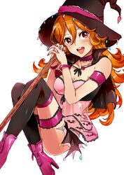  bare_shoulders blush boots breasts broom cape commentary_request female hat long_hair looking_at_viewer masaki_(celesta) medium_breasts open_mouth orange_hair own_hands_clasped own_hands_together red_eyes skirt smile solo thigh_strap thighhighs tokyo_7th_sisters usuta_sumire witch_hat 