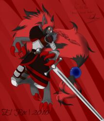  2015 anthro armor canid canine digital_media_(artwork) el&#039;roc english_text eyewear fan_character generation_5_pokemon glasses hi_res male mammal melee_weapon nintendo pokemon pokemon_(species) role-playing_game semi-anthro sol_doliodos_(character) solo sword text weapon zoroark 