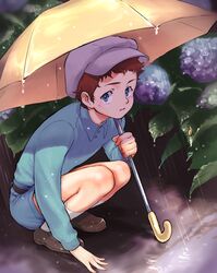  1boy absurdres amuro_ray commentary_request gundam highres lolicon looking_at_viewer male_focus mobile_suit_gundam mobile_suit_gundam_the_origin oliolio rain solo squatting umbrella 