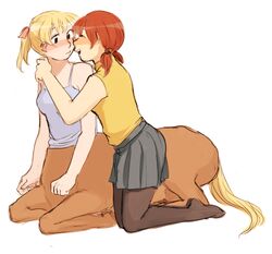  2girls blonde_hair blush centaur chadolbaegi closed_eyes commentary_request interspecies monster_girl multiple_girls original pantyhose red_hair short_hair skirt taur teeth upper_teeth_only yuri 