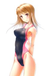  arms_behind_back blonde_hair commentary_request competition_swimsuit contrapposto cowboy_shot female hikaru_ga_chikyuu_ni_itakoro ina_(urobronai) long_hair looking_at_viewer one-piece_swimsuit red_eyes shikibu_honoka simple_background solo standing swimsuit white_background 