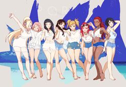  6+girls alternate_costume bad_id bad_pixiv_id barefoot black_hair blonde_hair blue_eyes boruto:_naruto_next_generations brown_eyes brown_hair casual contemporary dark-skinned_female dark_skin denim denim_shorts dress facial_mark forehead_mark green_eyes hair_over_one_eye highres holding_hands hyuuga_hinata ino_yamanaka karin_(naruto) karui_(naruto) kurotsuchi_(naruto) long_hair looking_at_viewer midriff multiple_girls naruto naruto_(series) navel noeunjung93 one_eye_closed pink_hair ponytail red_eyes red_hair sakura_haruno short_dress short_hair shorts smile temari_(naruto) tenten_(naruto) white_eyes yellow_eyes 