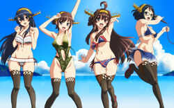  4girls ahoge australian_flag_bikini australian_flag_print bare_shoulders bikini black_hair blue_eyes blue_sky blush breasts brown_eyes brown_hair brown_legwear camouflage camouflage_bikini clothing_cutout cloud commentary_request day flag_print frilled_bikini frills glasses gradient_background gradient_sarong hair_ornament hairclip haruna_(kancolle) headband hiei_(kancolle) highres kantai_collection kezune_(i-_-i) kirishima_(kancolle) kongou_(kancolle) large_breasts long_hair looking_at_viewer medium_breasts microphone mountain multiple_girls navel navel_cutout o-ring o-ring_top ocean one-piece_swimsuit open_mouth print_bikini sarong short_hair side-tie_bikini_bottom sky smile standing striped_bikini striped_clothes swimsuit thighhighs underboob union_jack union_jack_bikini very_long_hair 