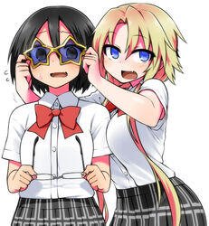  2girls ayakashi_banashi black_eyes black_hair blonde_hair blue_eyes blush commentary_request glasses highres himekawa_hinari looking_at_viewer multiple_girls oerba_yun_fang original plaid plaid_skirt school_uniform short_hair skirt star-shaped_eyewear star_(symbol) sunglasses unworn_eyewear yamada_yoshino yoshida_hideyuki 