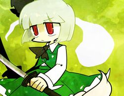  ascot black_ascot black_bow black_ribbon blunt_bangs bob_cut bow breast_pocket collared_shirt female green_background green_skirt green_vest hair_ribbon harunori_(hrnrx) katana konpaku_youmu konpaku_youmu_(ghost) long_sleeves pocket red_eyes ribbon shirt short_hair skirt solo sword touhou upper_body vest weapon white_hair white_shirt 