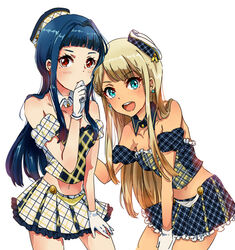  2girls alessandra_susu aqua_eyes bare_shoulders blue_hair blunt_bangs blush brown_eyes commentary_request earrings gloves hat jewelry long_hair looking_at_viewer masaki_(celesta) midriff multiple_girls navel open_mouth platinum_blonde_hair red_eyes skirt smile tendouji_musubi tokyo_7th_sisters 