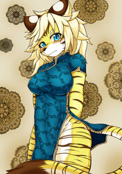  2018 absurd_res anthro asian_clothing big_breasts blonde_hair blue_eyes blush breasts brown_body brown_fur brown_stripes cheek_tuft chinese_clothing chinese_dress clothing countershading cyberconnect2 dipstick_tail drecom dress east_asian_clothing embarrassed facial_tuft felid female full_bokko_heroes fur hair hi_res kemono long_hair looking_at_viewer mammal markings megane_inu multicolored_tail pantherine solo spiky_hair standing striped_body striped_fur stripes tail tail_markings tiger tuft white_body white_fur yellow_body yellow_fur zhang_fei_(full_bokko_heroes) 