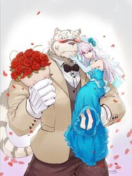  2017 anthro blue_eyes blue_rose blush clothed clothing duo felid female flower fur grimoire_of_zero hair human kemono looking_at_viewer male mammal mercenary_(grimoire_of_zero) muscular muscular_male pantherine petals plant purple_eyes raymond158 rose_(flower) simple_background size_difference stripes tiger wedding white_body white_fur zero_(grimoire_of_zero) 