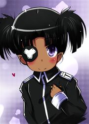  black_hair blush chinese_commentary commentary_request dark-skinned_female dark_skin eyepatch female flat_chest heart hua_(hua113) isadora_finnsdottir lotte_no_omocha! pointy_ears purple_eyes short_hair short_twintails smile solo twintails 