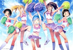  5girls :d :p ;d absurdres arms_up black_hair blonde_hair blue_eyes blue_hair bouncing_breasts breasts character_request cheerleader chestnut_mouth confetti crease foot_out_of_frame furuya_mero glasses green_eyes hattori_mitsuru highres kneehighs long_hair long_legs medium_breasts midriff multicolored_hair multiple_girls navel official_art one_eye_closed open_mouth outdoors outstretched_arms panties pantyshot pom_pom_(cheerleading) ponytail sanka_aria sankarea scan scan_artifacts shoes short_hair skirt smile sneakers socks standing tongue tongue_out two-tone_hair underwear white_hair white_panties 