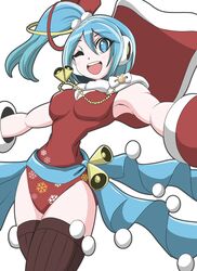  ;d aqua_eyes aqua_hair armpits bell brown_thighhighs cape female hair_between_eyes highres leotard long_hair mega_man_(series) mega_man_x_(series) mega_man_x_dive official_alternate_costume one_eye_closed open_mouth peroke red_cape red_leotard rico_(mega_man) santa_leotard side_ponytail smile solo thighhighs white_background 