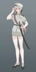  absurdres belt black_bow black_footwear boots bow breasts cavalry_sword commentary dangodes english_commentary female full_body grey_background grey_hair hairbow hand_in_own_hair hat highres layered_sleeves light_smile long_hair long_sleeves looking_at_viewer military military_hat military_uniform multicolored_hair original peaked_cap pink_hair red_eyes sheath sheathed shirt shoes short_over_long_sleeves short_sleeves simple_background skirt smile solo standing streaked_hair sword thighhighs uniform weapon zettai_ryouiki 