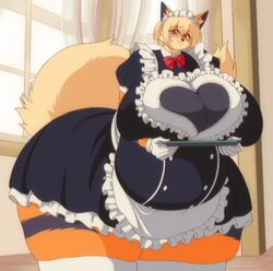  anthro apron arcanine big_breasts black_clothing black_dress black_nose breasts clothing curtains curvy_figure digital_media_(artwork) dress female fenrir_brown fur generation_1_pokemon hair hi_res holding_plate huge_breasts huge_thighs hyper hyper_breasts hyper_hips hyper_thighs inside legwear looking_at_viewer maid_headdress maid_uniform nintendo orange_body orange_fur pokemon pokemon_(species) raised_tail red_eyes short_hair smile solo squish standing tail thick_thighs thigh_squish uniform venus_figure voluptuous white_clothing white_legwear wide_hipped_female wide_hips window 