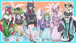  6+girls absurdres alternate_costume bare_shoulders black_dress black_hair black_shorts blue_hair blush bow braid breasts chamber_dragonmaid coat dragon_girl dragon_horns dragon_tail dragon_wings dress duel_monster full_body glasses green_eyes green_hair hat high_heels highres holding horns house_dragonmaid kitchen_dragonmaid large_breasts laundry_dragonmaid long_hair long_skirt long_sleeves looking_at_viewer multiple_girls nurse_dragonmaid off-shoulder_shirt off_shoulder open_clothes open_coat open_mouth parlor_dragonmaid pink_eyes pink_hair pleated_skirt red_bow red_hair shirt shorts skirt slippers smile standing tail white_background white_hair wings yamasu_(tmy-0902) yellow_eyes yu-gi-oh! 