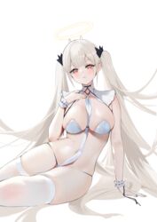  absurdly_long_hair absurdres annlee azur_lane between_breasts black_panties breasts brown_hair feet_out_of_frame female formidable_(azur_lane) halo highres large_breasts long_hair looking_at_viewer panties red_eyes simple_background solo strap_between_breasts thighhighs thong twintails underwear very_long_hair white_background white_thighhighs 