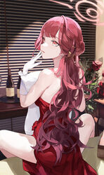  absurdres aru_(blue_archive) aru_(dress)_(blue_archive) blue_archive blue_eyes bottle breasts brown_horns commentary cup demon_horns dress drinking_glass earrings female flower gloves gong_cha halo highres horns indoors jewelry large_breasts long_hair official_alternate_costume pink_hair pink_halo red_dress red_flower red_rose rose sitting solo strapless strapless_dress white_gloves wine_glass yellow_eyes 