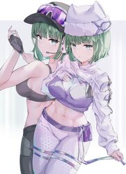  2girls abs absurdres adjusting_clothes adjusting_gloves animal_hat arknights black_gloves black_sports_bra breasts cat_hat choppy_bangs cleavage crop_top ela_(rainbow_six_siege) ela_(safehouse)_(rainbow_six_siege) eyelashes eyewear_on_head fingerless_gloves gloves gradient_background green_eyes green_hair green_nails grey_background hand_on_own_chest hat headset highres looking_at_viewer luridrumours midriff mole mole_under_eye multiple_girls navel purple_nails rainbow_six_siege short_hair sideboob sidelighting sports_bra standing toned white_background 