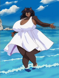  anthro bare_shoulders barefoot big_breasts black_hair black_nose breasts brown_body brown_fur canid canine canis cleavage clothed clothing cloud curvy_figure day dress feet female fenrie_(fenrir_brown) fenrir_brown full-length_portrait fur green_eyes hair hi_res huge_breasts looking_at_viewer mammal open_mouth outside partially_submerged portrait red_eyes sea sky smile solo standing thick_thighs voluptuous water white_clothing white_dress wolf 