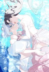  2girls asaka_kaori bikini blue_eyes blue_nails breasts brown_hair closed_mouth commentary_request couple double_bun floating_hair frilled_bikini frills hair_bun hands_on_another&#039;s_shoulders highres hoshikawa_shizuku jewelry kimi_to_tsuzuru_utakata long_hair making-of_available medium_breasts mole mole_on_neck mole_under_eye multiple_girls nail_polish official_art open_mouth ring short_hair smile swimsuit textless_version underwater unmoving_pattern wedding_ring white_bikini white_hair wife_and_wife wrist_bow yuama_(drop) yuri 