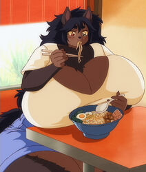  anthro big_breasts black_hair black_nose blue_bottomwear blue_clothing blue_shorts blush bottomwear bowl breasts brown_body brown_fur canid canine canis chopsticks cleavage clothed clothing container curvy_figure cutlery denim eating egg eyebrows female fenrie_(fenrir_brown) fenrir_brown food fur furniture glistening glistening_eyes hair happy heterochromia hi_res holding_breast holding_chopsticks holding_object holding_spoon huge_breasts inside kitchen_utensils long_hair mammal noodles shirt shorts smile solo spoon table thick_eyebrows thick_thighs tools topwear voluptuous white_clothing white_shirt white_topwear wide_hips wolf 