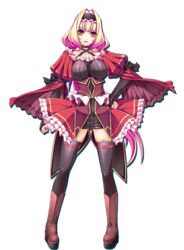  azarin_(kouyoku_senki_exs-tia) black_thighhighs blonde_hair boots breasts brown_footwear collarbone dress female frilled_skirt frills full_body hairband hand_on_own_hip impossible_clothes impossible_dress kouyoku_senki_exs-tia large_breasts layered_skirt legs_apart long_sleeves official_art puffy_sleeves red_dress red_skirt simple_background skirt solo standing tachi-e thighhighs transparent_background yellow_eyes 