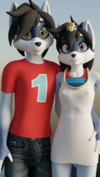  3d_(artwork) 4k 9:16 absurd_res anthro black_hair blue_body blue_fur bottomwear brother_(lore) brother_and_sister_(lore) bulge clothing crescentpapermoon denim denim_bottomwear denim_clothing digital_media_(artwork) dress duo egyptian felix_(striped_sins) female fur hair hi_res humor jeans male mammal nipple_outline pants parody procyonid purple_eyes raccoon ryder_(striped_sins) sibling_(lore) sister_(lore) striped_sins yellow_eyes 