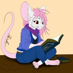  1:1 albino anthro book bottomwear chest_tuft claws clothing crossed_legs deerwalker denim denim_bottomwear denim_clothing digital_media_(artwork) female hair hi_res jeans mammal mouse murid murine pants pink_hair reading reading_book red_eyes rodent scarf shirt simple_background sitting solo sweater tank_top the_magicians topwear tris_(tris_the_mouse) tuft whiskers 